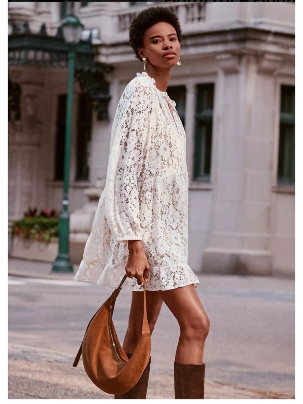 LOFT Floral Lace Tie-Neck Flounce Mini Dress
